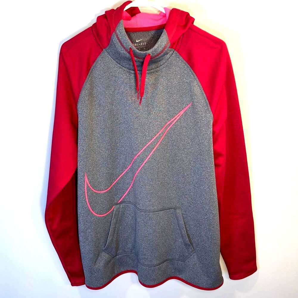 Nike Dri Fit Womens Swoosh Hoodie Size Large Gray Red Pink
